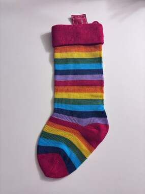 World Market Holiday Knit Rainbow Striped Christmas Stocking